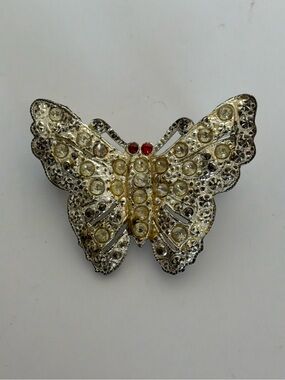 Vintage Rhinestone Butterfly Brooch Silver Tone Red Eyes Costume Jewelry